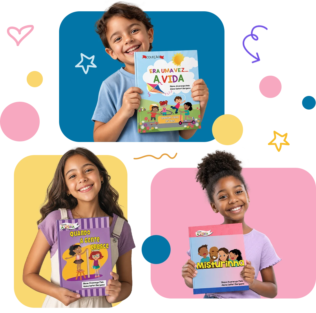 Crianças felizes segurando os livros da Coleção Era Uma Vez a Vida